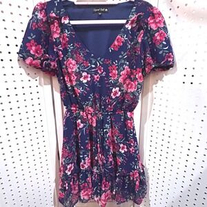 Crystal Doll Navy Floral Short Sleeve V Neck Ruffle Hem Dress Size M